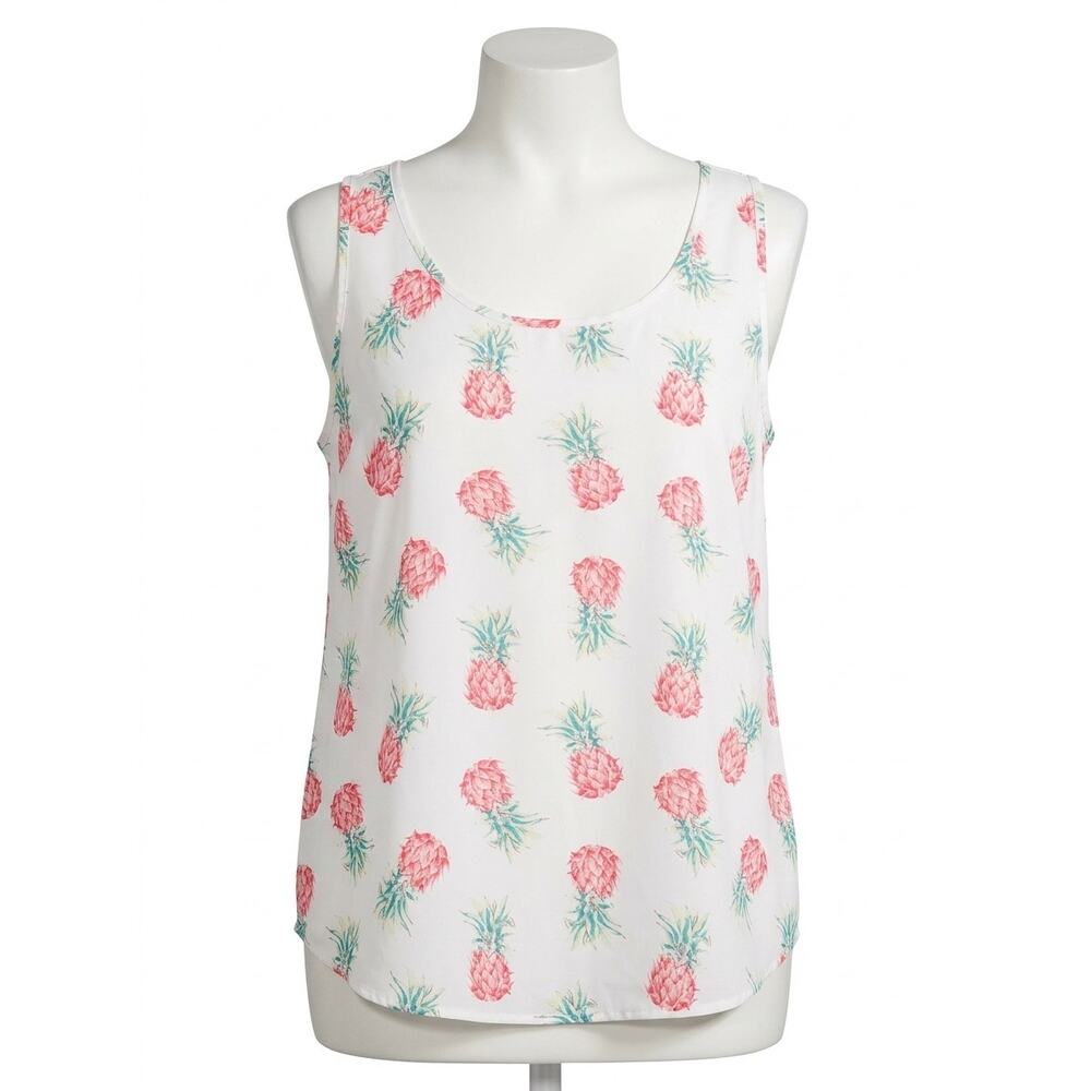 Time and Tru Pineapple Tank Top XL White Pink Summer Sleeveless Blouse - Picture 2 of 10